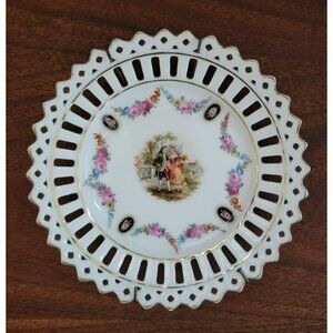 Vintage Bavarian Reticulated Porcelain Wall Plate Romantic Scene & Floral Design